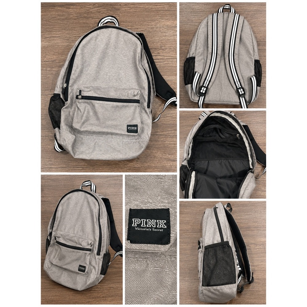 Victoria's Secret PINK Backpack Gray Heathered Striped Straps School Bag Large